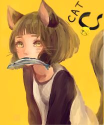Rule 34 | 1girl, animal ears, bell, blunt bangs, brown hair, cat ears, cat girl, cat tail, fish, highres, looking at viewer, medium hair, mouth hold, original, shadow, shirt, sibu (orange peel), simple background, solo, tail, upper body, whiskers, yellow background, yellow eyes