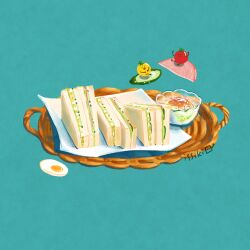 Rule 34 | blue background, bread, egg (food), food, food focus, issiki toaki, lettuce, no humans, original, sandwich, softboiled egg, tomato