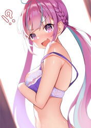 Rule 34 | !?, 1girl, @ @, ahoge, aqua hair, bare shoulders, blush, bra, braid, breasts, chino0803, commentary request, covering privates, covering breasts, from side, hololive, lace, lace-trimmed bra, lace trim, large breasts, long hair, looking at viewer, minato aqua, multicolored hair, nervous smile, open mouth, pink eyes, pink hair, purple bra, smile, solo, strap slip, streaked hair, surprised, twintails, two-tone hair, underwear, virtual youtuber