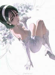 Rule 34 | 1girl, absurdres, alien stage, arm support, bare shoulders, black hair, boots, breasts, commentary, crossed legs, dress, dutch angle, earrings, english commentary, flower, from above, from side, gloves, green hair, hairband, hand up, high heel boots, high heels, highres, holding, holding microphone, invisible chair, jewelry, looking at viewer, medium breasts, microphone, mixed-language commentary, parted lips, pencil dress, petals, purple eyes, sawamaharu, shoe soles, short dress, short hair, sitting, smile, solo, stiletto heels, strapless, strapless dress, sua (alien stage), weibo logo, weibo username, white background, white dress, white flower, white footwear, white gloves, white hairband