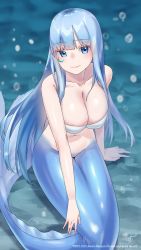 Rule 34 | 1girl, air bubble, artist name, awono nanaumi, bikini, bikini top only, blue eyes, blue hair, blue tail, blunt bangs, blush, borrowed character, breasts, bubble, closed mouth, collarbone, commentary request, commission, highres, large breasts, light blue hair, looking at viewer, mermaid, monster girl, navel, original, signature, smile, solo, swimsuit, underwater, watermark