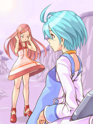 Rule 34 | 00s, 2girls, anemone (eureka seven), ankle boots, aqua hair, arm support, arms up, boots, cliff, collar, dress, eureka (eureka seven), eureka seven, eureka seven (series), hair ornament, hairclip, hands in hair, head down, leaning back, long hair, looking at another, mannen hitsu, multiple girls, pink hair, short dress, short hair, wind, wind lift