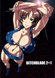 Rule 34 | 00s, 1girl, amaha masane, armpits, arms up, bikini, bikini top only, blue footwear, boots, bracelet, breasts, brown eyes, brown hair, bursting breasts, center opening, cleavage, collarbone, crop top, crossed arms, curvy, denim, denim shorts, ear piercing, earrings, eyelashes, fingernails, foreshortening, french nails, glowing, highres, huge breasts, jewelry, light smile, long fingernails, looking at viewer, mature female, miniskirt, navel, navel piercing, parted bangs, parted lips, piercing, shirt, short hair, short shorts, shorts, skirt, sleeveless, sleeveless shirt, smile, solo, sparkle, standing, suna (sandworks), swimsuit, witchblade