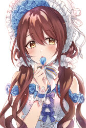 Rule 34 | 1girl, bare shoulders, blush, breasts, brown hair, dress, flower, frilled dress, frills, hair between eyes, hair flower, hair ornament, hair scrunchie, highres, holding, holding petal, idolmaster, idolmaster shiny colors, iku2727, long hair, looking at viewer, medium breasts, neck ribbon, open mouth, osaki tenka, petals, purple ribbon, ribbon, scrunchie, simple background, solo, twintails, white background, white dress, white headdress, white ribbon, yellow eyes