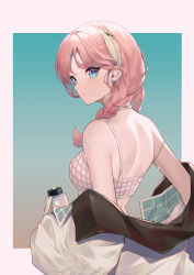 Rule 34 | 1girl, absurdres, arknights, back, bare shoulders, blue eyes, blue poison (arknights), blue poison (shoal beat) (arknights), bottle, braid, chinese commentary, commentary request, corrupted metadata, earrings, from behind, hairband, highres, holding, holding bottle, jacket, jewelry, jiusan naitang, looking at viewer, looking back, off shoulder, official alternate costume, pink hair, solo, sports bra, sweat, twin braids, upper body, white jacket