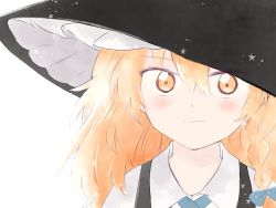 Rule 34 | 1girl, black hat, blonde hair, blue bow, bow, braid, closed mouth, collared shirt, cyu ta, frilled hat, frills, hair bow, hat, kirisame marisa, long hair, looking at viewer, shirt, side braid, simple background, single braid, smile, solo, star (symbol), touhou, upper body, white background, yellow eyes