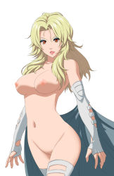 Rule 34 | 10s, 1girl, blonde hair, breasts, cape, cleavage, elbow gloves, emma frost, eyeshadow, female focus, fingerless gloves, gloves, highres, large breasts, lipstick, long hair, makeup, mark henry bustamante, marvel, navel, nipples, nude, parted lips, pussy, red eyes, simple background, solo, thighhighs, uncensored, underboob, x-men