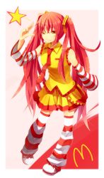 Rule 34 | 1girl, ;), alternate color, bad id, bad pixiv id, detached sleeves, hatsune miku, leg warmers, long hair, mcdonald&#039;s, necktie, one eye closed, red hair, skirt, smile, solo, star (symbol), striped clothes, striped thighhighs, thighhighs, twintails, very long hair, vocaloid, wink, yellow eyes, yumegi (bitter orange215)