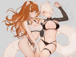 Rule 34 | 2girls, animal ears, anya pandaria, atelier live, black bra, bra, breasts, commentary, english commentary, long hair, looking at viewer, mari the hybrid, mari the hybrid (artist), medium breasts, multiple girls, one eye covered, orange hair, short hair, thigh strap, underwear, underwear only, unfinished, virtual youtuber, white hair, yellow eyes