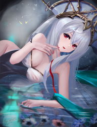 Rule 34 | 1girl, :d, absurdres, arknights, arm support, black dress, breasts, cleavage, dress, finger to mouth, grey hair, grey hat, groin, hat, highres, large breasts, light particles, long hair, looking at viewer, lying, meginalter, nail polish, nipples, no panties, official alternate costume, on side, open mouth, red eyes, red nails, reflection, see-through, skadi (arknights), skadi the corrupting heart (arknights), skadi the corrupting heart (sublimation) (arknights), smile, solo, strapless, strapless dress, very long hair, water, white dress