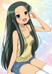 Rule 34 | 1girl, :d, absurdres, blue shorts, breasts, camisole, collarbone, commentary, english commentary, fang, forehead, green hair, gurobeya, hand up, highres, long hair, looking at viewer, mixed-language commentary, open mouth, short shorts, shorts, sleeveless, small breasts, smile, solo, suzumiya haruhi no yuuutsu, thighhighs, tsuruya, very long hair, white thighhighs, yellow camisole, yellow eyes