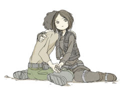 Rule 34 | 1boy, 1girl, animification, bad end, boots, cassian andor, colored pencil (medium), fingerless gloves, gloves, good end, graphite (medium), hetero, holding hands, hug, jyn erso, rogue one: a star wars story, scan, sitting, sketch, spoilers, star wars, traditional media, vest, white background