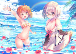 Rule 34 | 2girls, ;d, arm up, bare shoulders, bikini, black-framed eyewear, blue sky, blurry, blurry foreground, blush, breasts, brown eyes, cleavage, cloud, cloudy sky, collarbone, commentary request, day, depth of field, dress, dress swimsuit, eyes visible through hair, fate/grand order, fate (series), flower, fujimaru ritsuka (female), fujimaru ritsuka (female) (brilliant summer), glasses, groin, hair between eyes, hair over one eye, halterneck, hood, hood down, hooded jacket, horizon, jacket, large breasts, looking at viewer, mash kyrielight, mash kyrielight (swimsuit of perpetual summer), medium breasts, multiple girls, navel, nemuri nemu, o-ring, o-ring bikini, o-ring top, ocean, off shoulder, official alternate costume, one eye closed, open clothes, open jacket, open mouth, orange hair, outdoors, outstretched arm, petals, petals on liquid, pink hair, purple eyes, rainbow, red flower, side-tie bikini bottom, sky, smile, standing, striped bikini, striped clothes, swimsuit, wading, water, white dress, white jacket
