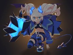 Rule 34 | 1girl, chiliarch (elsword), clawed gauntlets, demon girl, demon horns, demon tail, elsword, gauntlets, hair ornament, hairclip, highres, hood, hoodie, horns, luciela r. sourcream, midriff, pointy ears, single gauntlet, star-shaped pupils, star (symbol), symbol-shaped pupils, tail, twintails, yoni (zhang)