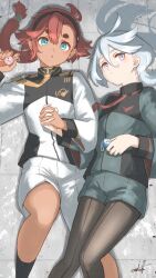 Rule 34 | 2girls, :o, aqua eyes, asticassia school uniform, blue hair, brown pantyhose, charm (object), commentary request, cool (gundam suisei no majo), dark-skinned female, dark skin, grey eyes, gundam, gundam suisei no majo, hair between eyes, highres, holding hands, hots (gundam suisei no majo), interlocked fingers, long hair, long sleeves, looking at viewer, lying, miorine rembran, multiple girls, necktie, on back, pantyhose, red hair, red necktie, school uniform, signature, suletta mercury, thick eyebrows, umiroku, yellow necktie