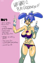 Rule 34 | 1girl, abs, between breasts, blue hair, breasts, collarbone, console tan, english text, gloves, green eyes, highres, legs, moyse, navel, nintendo, partially visible vulva, solo, text focus, thighs, white gloves