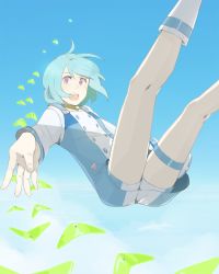 Rule 34 | 1girl, anko (w-anco), aqua hair, boots, cloud, eureka (eureka seven), eureka seven, eureka seven (series), falling, legs up, open mouth, outstretched arm, outstretched hand, purple eyes, short hair, sky, solo, thigh strap, white footwear