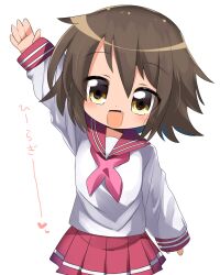 Rule 34 | 1girl, :d, arm up, blush, brown hair, commentary request, cowboy shot, fang, flat chest, highres, kusakabe misao, lets0020, looking at viewer, lucky star, medium bangs, neckerchief, open mouth, pink neckerchief, pink sailor collar, pink skirt, pleated skirt, sailor collar, school uniform, serafuku, shirt, short hair, simple background, skirt, smile, solo, waving, white background, white shirt, yellow eyes