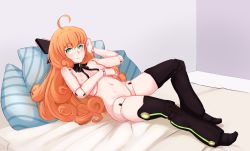 Rule 34 | 1girl, ahoge, android, arm across chest, black ribbon, breasts, diagonal stripes, doll joints, freckles, green eyes, groin, hand in own hair, highres, hiwonoafu, joints, looking at viewer, navel, nude, on bed, orange hair, penny polendina, pillow, ribbon, rwby, small breasts, smile, solo, striped, thighhighs, thighs
