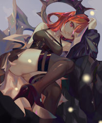 Rule 34 | 1girl, absurdres, arknights, arm support, arm up, armpits, ass, bare shoulders, black dress, black footwear, black jacket, black thighhighs, breasts, dress, hair between eyes, halo, head tilt, high heels, highres, horns, jacket, lips, looking at viewer, medium breasts, medium hair, nekobell, red eyes, red hair, sitting, slit pupils, solo, surtr (arknights), thigh strap, thighhighs, thighs, upskirt
