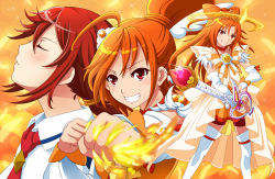 Rule 34 | 10s, 1girl, bike shorts, bow, bow-shaped hair, closed eyes, cure sunny, cure sunny (princess form), dress, fire, grin, hair bow, halo, hino akane (smile precure!), long hair, magical girl, multiple persona, necktie, orange dress, orange hair, orange skirt, orange theme, ponytail, precure, princess form (smile precure!), red eyes, red hair, red shorts, school uniform, seven (11), shorts, skirt, smile, smile precure!, tiara, wand