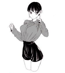 Rule 34 | 1girl, bad id, bad pixiv id, black hair, breasts, collared shirt, dende (dndn222), earrings, greyscale, high-waist shorts, highres, jewelry, large breasts, long sleeves, looking to the side, monochrome, original, scan, scan artifacts, shirt, shirt tucked in, short hair, shorts, solo, standing, traditional media