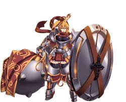 Rule 34 | 1girl, armor, blonde hair, breasts squeezed together, breasts, deine (sennen sensou aigis), full body, green eyes, highres, holding, large breasts, legs, long hair, looking at viewer, oversized object, parted lips, scarf, sennen sensou aigis, shield, side ponytail, skirt, smile, solo, standing, thighs, transparent background, weapon, white background