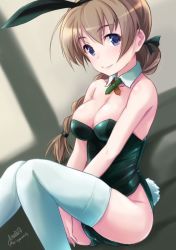 Rule 34 | 1girl, animal ears, artist name, bare shoulders, black leotard, black ribbon, blue eyes, braid, breasts, brown hair, cleavage, closed mouth, collar, commentary request, detached collar, fake animal ears, fake tail, hair ribbon, haruhata mutsuki, highleg, highleg leotard, leaning back, legs, leotard, long hair, looking at viewer, lynette bishop, medium breasts, neck ribbon, playboy bunny, rabbit ears, rabbit tail, ribbon, signature, single braid, sitting, smile, solo, strapless, strapless leotard, strike witches, tail, thighhighs, twitter username, v arms, white collar, white thighhighs, wing collar, world witches series