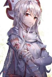 Rule 34 | 1girl, a maru, absurdres, arm belt, artist name, bad id, bad pixiv id, bandaged arm, bandages, blood, blood on hands, bow, fujiwara no mokou, hair bow, highres, juliet sleeves, long hair, long sleeves, looking at viewer, mouth hold, pants, puffy sleeves, red eyes, red pants, scarf, shirt, silver hair, simple background, solo, suspenders, torn clothes, torn shirt, touhou, twitter username, upper body, very long hair, white background, white bow, white scarf, white shirt