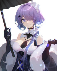Rule 34 | 1girl, absurdres, arknights, bare shoulders, black gloves, black umbrella, blue eyes, breasts, commentary, gloves, hair intakes, hair ornament, hair over one eye, highres, holding, holding umbrella, lan zhu gu, large breasts, long hair, official alternate costume, purple hair, simple background, solo, umbrella, upper body, whisperain (arknights), whisperain (tremble cold) (arknights), white background, x hair ornament