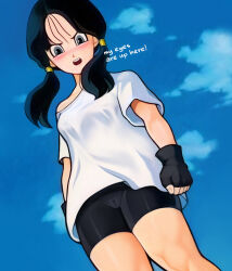 Rule 34 | 1girl, bike shorts, black gloves, black hair, black shorts, blue eyes, blush, breasts, cameltoe, clenched hand, cloud, covered erect nipples, derivative work, dragon ball, dragonball z, dutch angle, english text, feet out of frame, female focus, fingerless gloves, gloves, groin, hair tubes, highres, loodncrood, looking at viewer, looking down, medium hair, off shoulder, open mouth, parted lips, screenshot redraw, shirt, shorts, sky, small breasts, teeth, thighs, twintails, upper teeth only, videl, white shirt