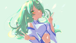 1girl bare_shoulders breasts collared_shirt detached_sleeves frog_hair_ornament green_eyes green_hair hair_ornament hair_tubes highres kochiya_sanae long_hair looking_at_viewer medium_breasts off_shoulder sawararado shirt sleeveless sleeveless_shirt smile solo touhou upper_body white_hair