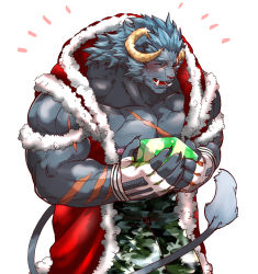 Rule 34 | 1boy, bara, bare pectorals, blush, camouflage, camouflage pants, christmas, coat, curled horns, demon tail, feet out of frame, fur-trimmed coat, fur trim, furry, furry male, gift, grey fur, highres, holding, holding gift, horns, kizami nori to yamaimo, krampus (housamo), large pectorals, long sideburns, male focus, mature male, medium hair, muscular, muscular male, nipples, open clothes, open coat, pants, pectorals, santa costume, scar, scar across eye, scar on chest, scar on face, sideburns, solo, tail, thick eyebrows, tokyo houkago summoners, tusks
