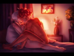 Rule 34 | 2girls, ahoge, bang dacy, bed, blurry, blurry background, blush, closed eyes, curtains, dark-skinned female, dark skin, female focus, french kiss, grey hair, gundam, gundam suisei no majo, hands on another&#039;s face, jewelry, kiss, lamp, miorine rembran, multiple girls, nipples, nude, photo (object), picture frame, pillow, ponytail, red hair, ring, short hair, straddling, suletta mercury, upright straddle, vase, wedding ring, wife and wife, yuri