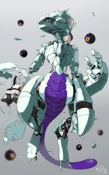 Rule 34 | blurry, broken arm, broken leg, broken wires, commentary, commission, creatures (company), depth of field, floating, floating object, full body, game freak, gen 1 pokemon, grey background, highres, legendary pokemon, looking to the side, mecha, mechanization, mewtwo, nintendo, no humans, orb, pokemon, pokemon (creature), red eyes, robot, second-party source, signature, skeb commission, tail, wire, yunimaru