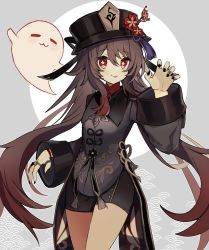 Rule 34 | 1girl, :3, black nails, brown coat, brown hair, brown hat, brown shorts, claw pose, closed mouth, coat, coattails, flower, genshin impact, ghost, hat, hat flower, hat tassel, highres, hu tao (genshin impact), long hair, long sleeves, looking at viewer, merry-san, nail polish, plum blossoms, porkpie hat, red eyes, red flower, shorts, sidelocks, smile, solo, talisman, tassel, tongue, tongue out, twintails, very long hair