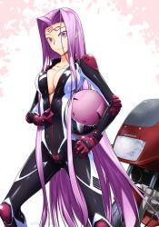 Rule 34 | 1girl, biker clothes, bikesuit, bodysuit, breasts, cleavage, facial mark, fate/stay night, fate (series), female focus, forehead mark, full-length zipper, glasses, helmet, highres, large breasts, long hair, matching hair/eyes, medusa (fate), medusa (rider) (fate), motor vehicle, motorcycle, motorcycle helmet, partially unzipped, purple eyes, purple hair, racing suit, skin tight, solo, square pupils, takuteks, very long hair, zipper