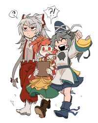 Rule 34 | !?, 3girls, :d, ?, apron, arm up, blue footwear, blue hat, blue skirt, book, boots, bow, brown footwear, checkered clothes, checkered kimono, clenched hand, closed eyes, closed mouth, collared shirt, commentary, english commentary, expressionless, flat chest, fujiwara no mokou, full body, green skirt, grey hair, hair bow, hat, highres, holding, holding book, japanese clothes, kariginu, kimono, long hair, long sleeves, medium bangs, mononobe no futo, motoori kosuzu, multiple girls, open mouth, orange eyes, orange hair, pants, pom pom (clothes), ponytail, red eyes, red pants, shirt, short hair, sidelocks, simple background, skirt, smile, spoken interrobang, spoken question mark, suspenders, taco touhou, tate eboshi, teeth, touhou, two side up, upper teeth only, very long hair, walking, white background, white bow, white footwear, white shirt, wide sleeves, yellow apron