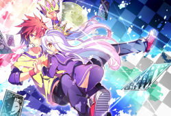 Rule 34 | 10s, 1boy, 1girl, brother and sister, brown eyes, card, crown, holding hands, heart, hetero, kinoshita neko, mouth hold, no game no life, purple eyes, red hair, shiro (no game no life), siblings, side ponytail, silver hair, sora (no game no life), thighhighs, wristband