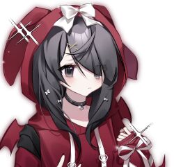 Rule 34 | 1girl, ame-chan (needy girl overdose), animal hood, black choker, black eyes, black hair, blush, bow, choker, closed mouth, hair bow, hair down, hair ornament, hair over one eye, hand up, highres, hood, hood up, hoodie, long hair, long sleeves, looking at viewer, needy girl overdose, official alternate costume, official alternate hairstyle, rabbit hood, red hoodie, simple background, solo, sparkle, tanghuibenhui, upper body, white background, white bow, x hair ornament