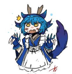 Rule 34 | 1girl, apron, arms up, ashenov, blue gloves, blue hair, dragon girl, dragon horns, dragon tail, fang, fingerless gloves, frilled apron, frills, gloves, highres, horns, laundry dragonmaid, looking afar, maid, maid apron, open mouth, original, short hair, solo, tail, upper body, wide sleeves, yellow eyes, yu-gi-oh!