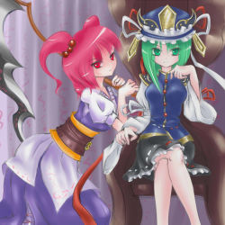 Rule 34 | 2girls, asymmetrical hair, chair, coin, embroidered, facing viewer, green eyes, green hair, hair bobbles, hair ornament, hat, indoors, leaning on object, crossed legs, long hair, looking at viewer, multiple girls, obi, onozuka komachi, pink hair, raptor7, red eyes, runes, sash, scythe, shiki eiki, sitting, touhou, twintails, two side up, uniform