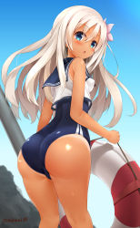 Rule 34 | 10s, 1girl, absurdres, artist name, ass, bad id, bad pixiv id, blue eyes, blush, breasts, covered erect nipples, day, flower, from behind, gradient background, hair flower, hair ornament, highres, huge ass, innertube, kantai collection, lifebuoy, looking back, minari (minari37), one-piece swimsuit, one-piece tan, outdoors, ro-500 (kancolle), sailor collar, school uniform, serafuku, small breasts, solo, standing, swim ring, swimsuit, swimsuit under clothes, tan, tanline, white hair, wide hips