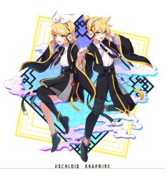 Rule 34 | 1boy, 1girl, :d, black footwear, black neckwear, black pants, black skirt, blonde hair, blue eyes, brother and sister, character name, cloud, copyright name, hair ribbon, holding hands, headphones, highres, interlocked fingers, kagamine len, kagamine rin, lem tea, necktie, open mouth, pants, ribbon, short hair, siblings, simple background, single thighhigh, skirt, smile, standing, thighhighs, twins, vocaloid, white background, wide sleeves