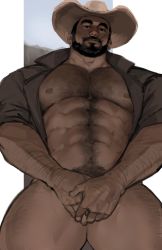 Rule 34 | 1boy, abs, bara, bare pectorals, beard, black eyes, black hair, body hair, bulge, covering privates, covering crotch, cowboy, cowboy hat, cowboy shot, cowboy western, dopey (dopq), facial hair, hat, highres, large pectorals, looking at viewer, male focus, male pubic hair, manly, muscular, navel, nipples, open clothes, open shirt, original, pectorals, pubic hair, short hair, sketch, solo, thick thighs, thighs, western