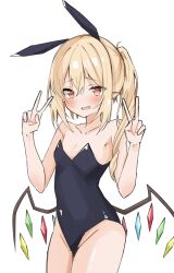 Rule 34 | 1girl, @ @, alternate costume, animal ears, bare arms, bare shoulders, black leotard, blonde hair, blush, breasts, collarbone, commentary, cowboy shot, crossed bangs, crystal, double v, embarrassed, fake animal ears, fang, flandre scarlet, groin, hair between eyes, hands up, highleg, highleg leotard, highres, leotard, long hair, looking at viewer, nono54558, open mouth, playboy bunny, pointy ears, rabbit ears, red eyes, side ponytail, simple background, skin fang, small breasts, smile, solo, strapless, strapless leotard, touhou, tsurime, v, w arms, white background, wings