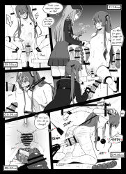 Rule 34 | 3girls, ^^^, all fours, animal penis, anus, bar censor, bdsm, blush, bondage, bound, bound wrists, censored, character request, clenched teeth, closed mouth, collar, cum, dildo, dog penis, english text, facial, female pubic hair, gag, girls&#039; frontline, greyscale, grin, heart, highres, hk416 (girls&#039; frontline), holding, huqu, knotted dildo, long sleeves, miniskirt, monochrome, multiple girls, nipple piercing, nipple weights, object insertion, open mouth, penis, piercing, pleated skirt, pubic hair, pussy, restrained, robot, scar, scar across eye, scar on face, sex toy, skirt, slap mark, slapping, slave, smile, spiked penis, squatting, stomach bulge, teeth, time lapse, timestamp, tiptoes, twintails, ump45 (girls&#039; frontline), vaginal, vaginal object insertion