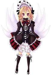 Rule 34 | 1girl, bad id, bad pixiv id, blonde hair, drill hair, eastern and little nature deity, female focus, full body, gothic lolita, hat, kaza, lolita fashion, luna child, red eyes, simple background, solo, standing, touhou, touhou sangetsusei, twin drills, white background, wings