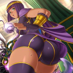 Rule 34 | 1girl, ass, bike shorts, breasts, cameltoe, capcom, cape, circlet, crystal ball, curvy, dark-skinned female, dark skin, egyptian, female focus, fingerless gloves, from behind, from below, fushisha o, gloves, gold, green eyes, hip focus, huge ass, immortality o, large breasts, looking at viewer, looking back, menat, open mouth, purple hair, sarong, shiny clothes, shiny skin, short hair, sideboob, skin tight, skindentation, solo, street fighter, street fighter v, sweat, thick thighs, thighhighs, thighs, wide hips