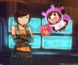 Rule 34 | &gt;:|, 2girls, arm warmers, artist name, belt, bottle, brown eyes, brown hair, chibi, chibi inset, commentary, crossed arms, d.va (gremlin), d.va (overwatch), drink, english commentary, floating, gremlin (xcom 2), hamster hood, himouto! umaru-chan, holding, holding bottle, holding drink, lily shen, long hair, looking at another, lumineko, monitor, multiple girls, name connection, open mouth, overwatch, overwatch 1, parody, shirt, short hair, signature, sleeveless, sleeveless shirt, tattoo, v-shaped eyebrows, very long hair, vest, x-com, xcom 2